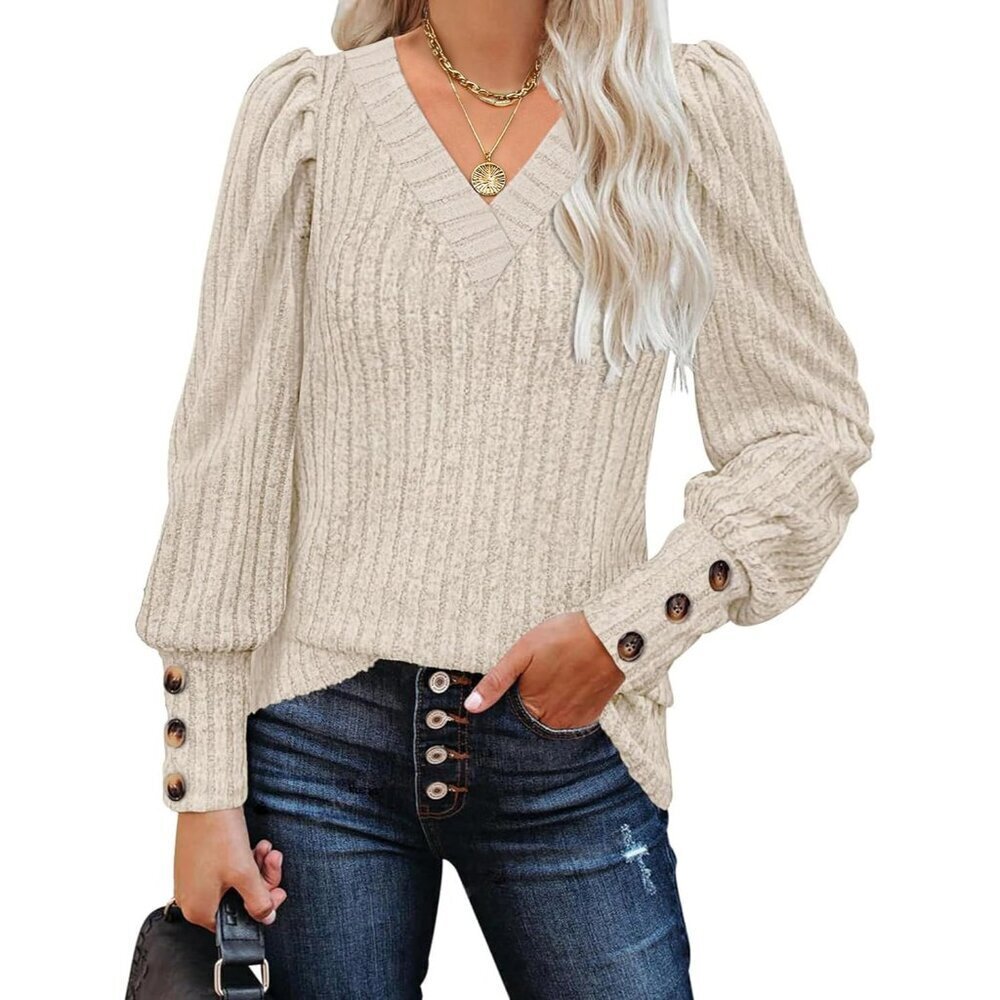 Women Long Sleeve Knit Shirt V-Neck Puff Sleeve Casual Business Top